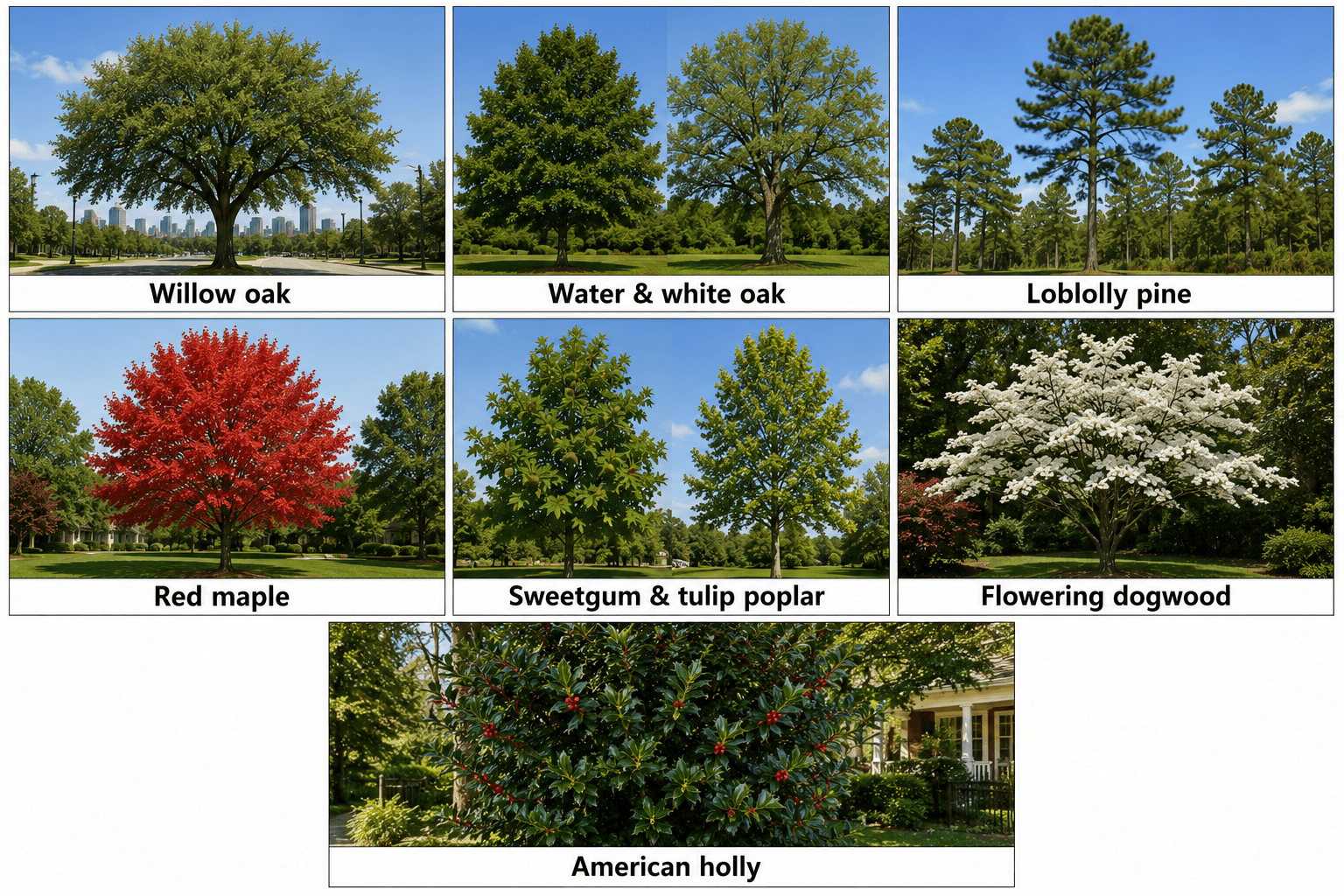 Leaf and bark details from oak, pine, maple, and dogwood trees in Raleigh